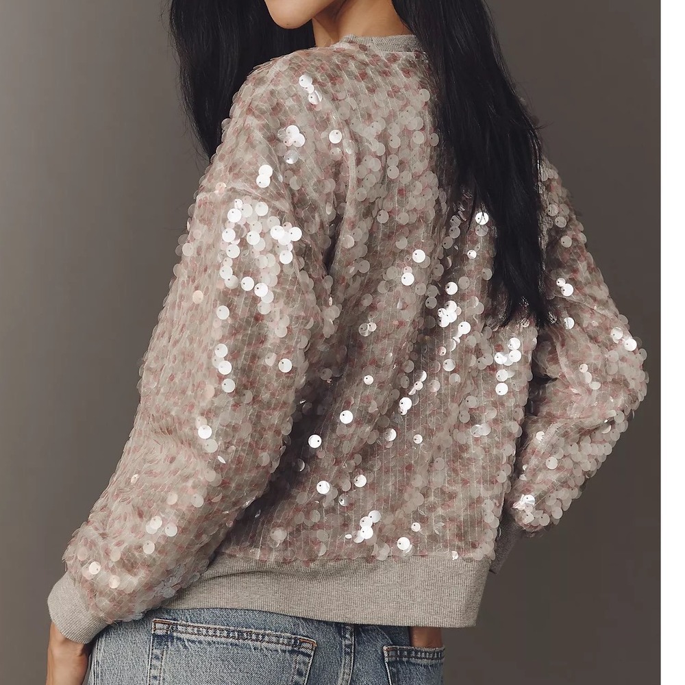 NWT‎ Maeve Sequin Sweatshirt Sz XL Gray Pink Crew Neck Fun Maximalist *Flaw - Picture 2 of 15